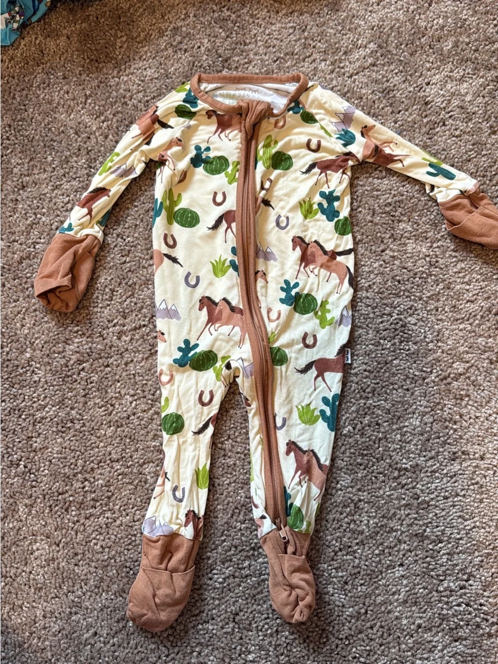 Little Sleepies Cream Western Horse Print Footie with Brown Trim